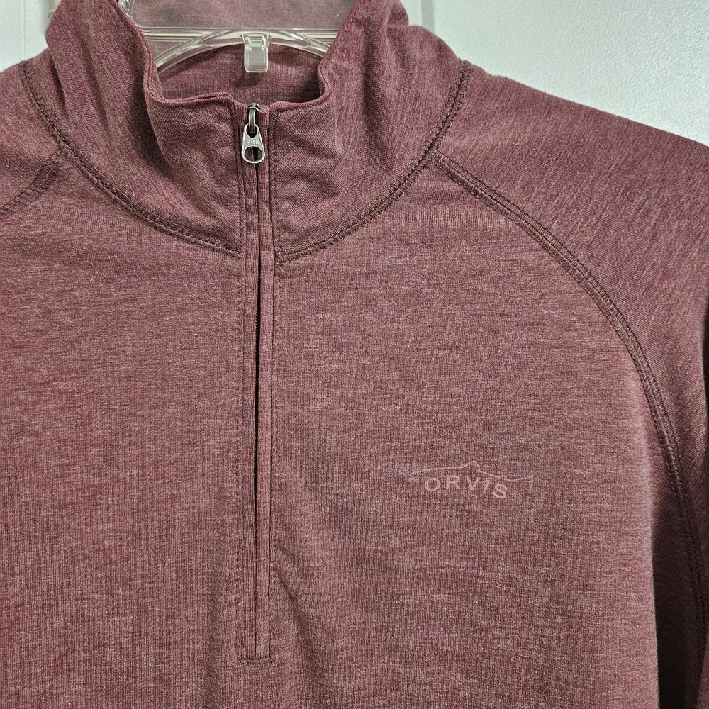 Orvis Pullover Mens M Burgundy Trout Bum Quarter Zip Mock Neck Heathered Stretch